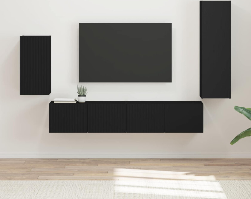 TV-benksett Veggmontert 3 pcs Svart Konstruert tre