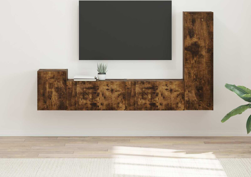 TV-benksett Veggmontert 4 pcs Røkt eik Konstruert tre