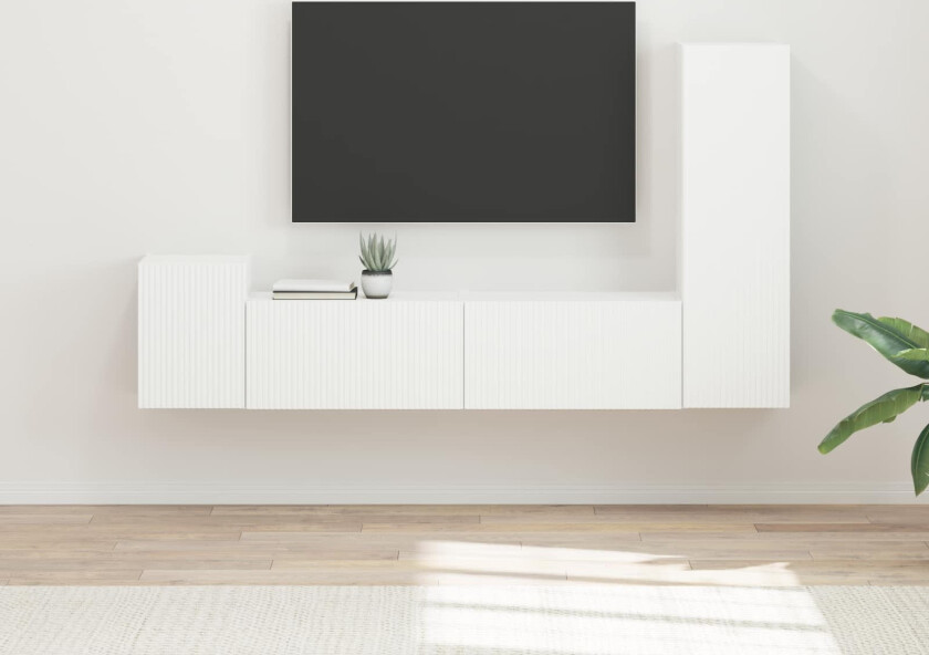 TV-benksett Veggmontert 4 pcs Hvit Konstruert tre