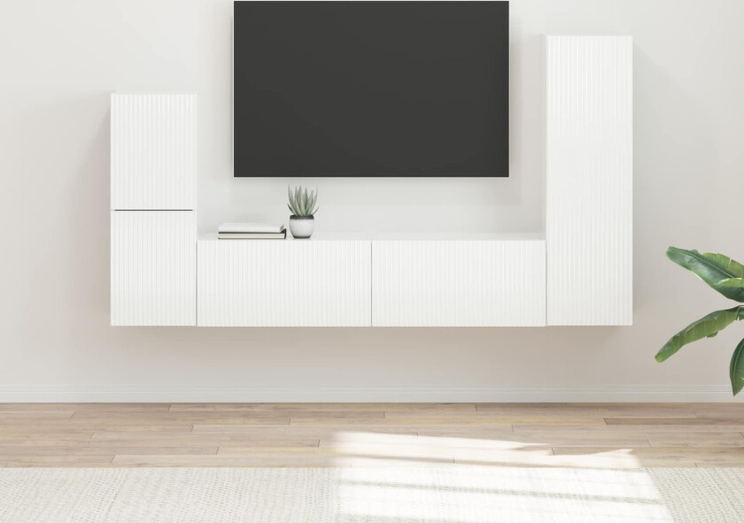 TV-benksett Veggmontert 4 pcs Høyglanset hvit Konstruert tre