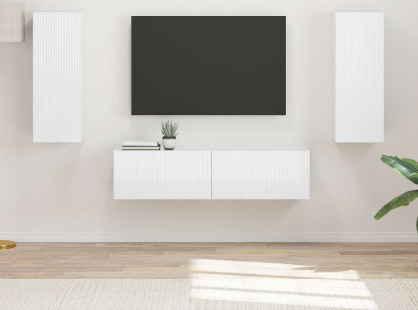 TV-benksett Veggmontert 2 pcs Høyglanset hvit Konstruert tre
