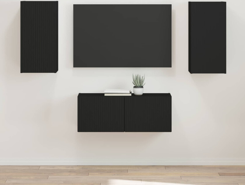 TV-benksett Veggmontert 2 pcs Svart Konstruert tre