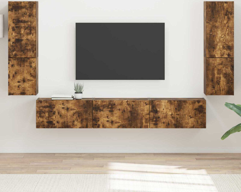 TV-benksett Veggmontert 4 pcs Røkt eik Konstruert tre
