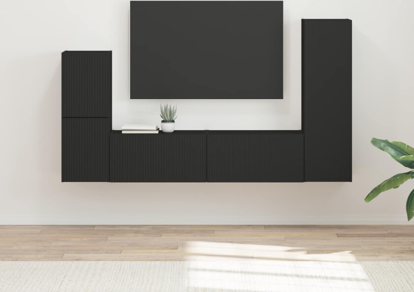 TV-benksett Veggmontert 4 pcs Svart Konstruert tre