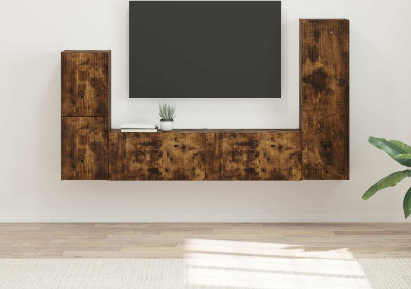 TV-benksett Veggmontert 4 pcs Røkt eik Konstruert tre