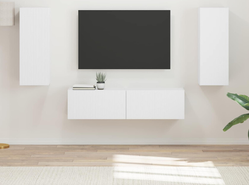 TV-benksett Veggmontert 2 pcs Hvit Konstruert tre