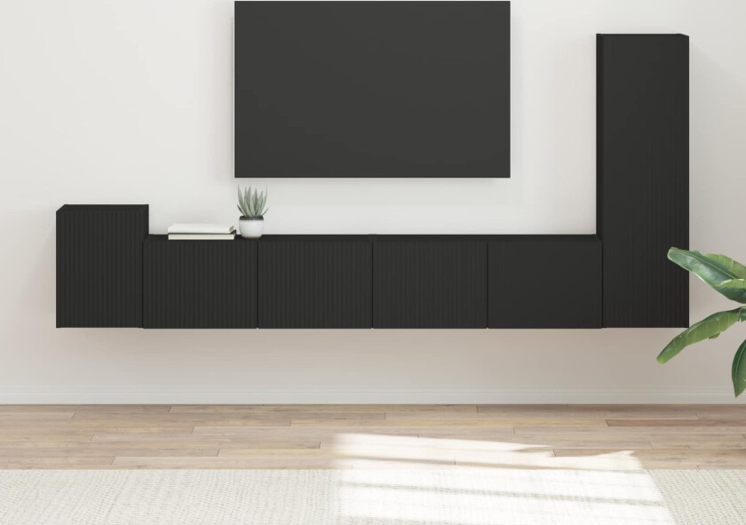 TV-benksett Veggmontert 3 pcs Svart Konstruert tre