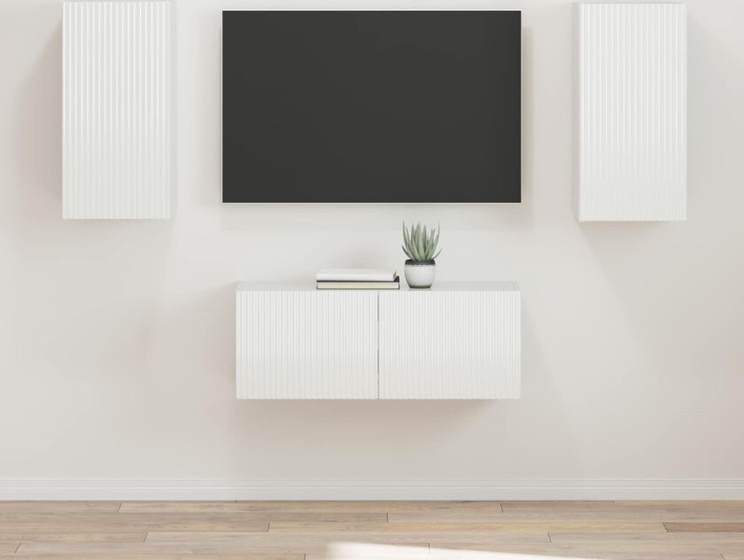 TV-benksett Veggmontert 2 pcs Høyglanset hvit Konstruert tre
