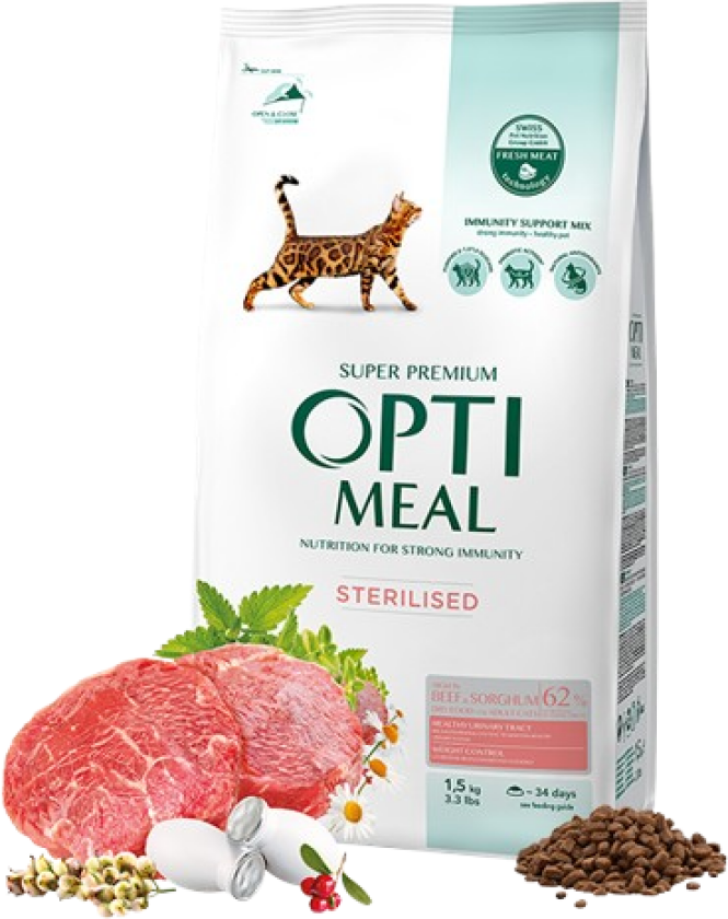 Complete dry pet food for sterilised cats - high in beef and sorghum 1,5 kg - Katt - Kattefôr - Tørrfôr - Optimeal