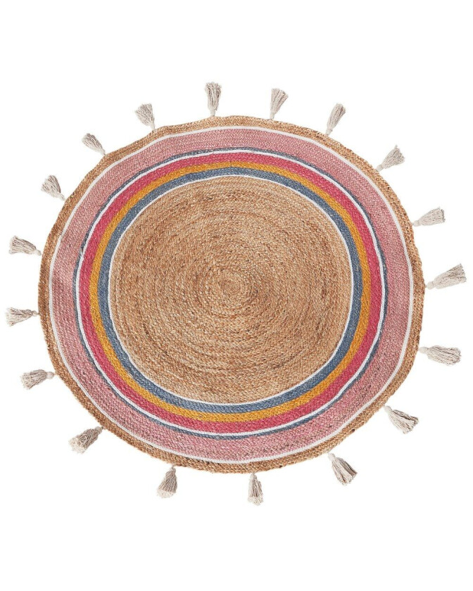 Teppe Beige Jute ø 120 cm Rundt Håndvevd med dekorative Dusker Boho-stil Gang Stue Soverom