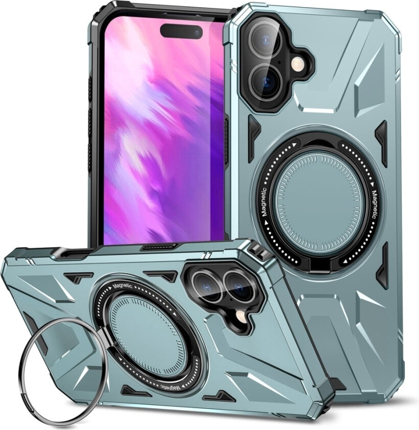 iPhone 16 magnetisk etui Fleksibelt og støtsikkert telefondeksel med roterende ringstøtte - Grønn