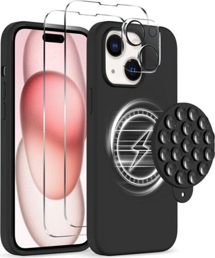 Etui med Magsafe og sugekopp + skjerm- og linsebeskytter til iPhone 15 Plus - Svart