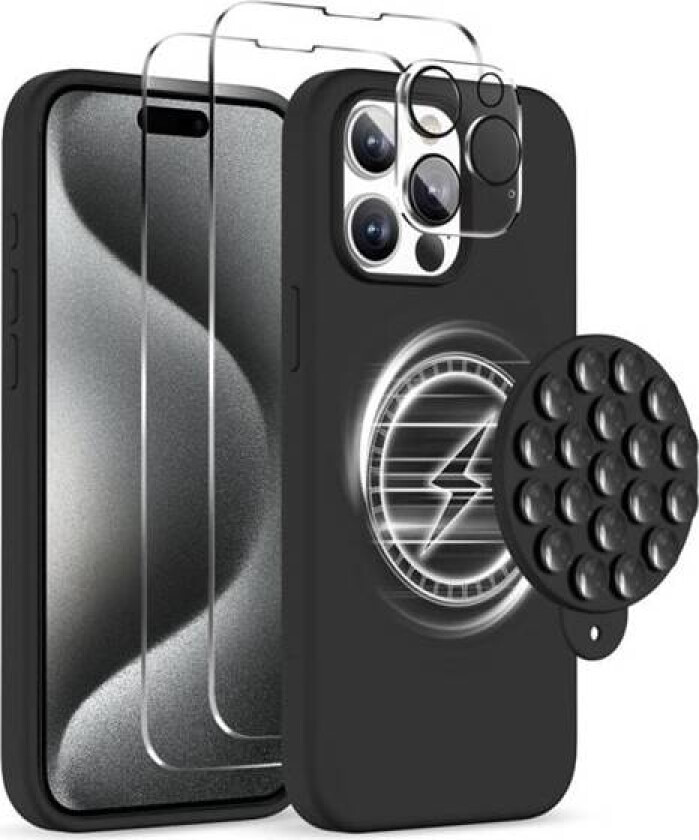 Etui med Magsafe og sugekopp + skjerm- og linsebeskyttelse for iPhone 15 Pro - Svart