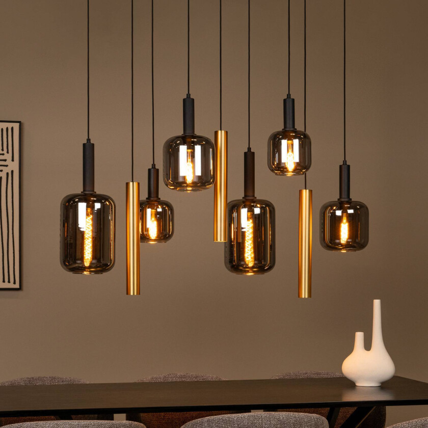 Hengelampe Joanet, lengde 130 cm, røyk/messing, glass, 9 lyskilder