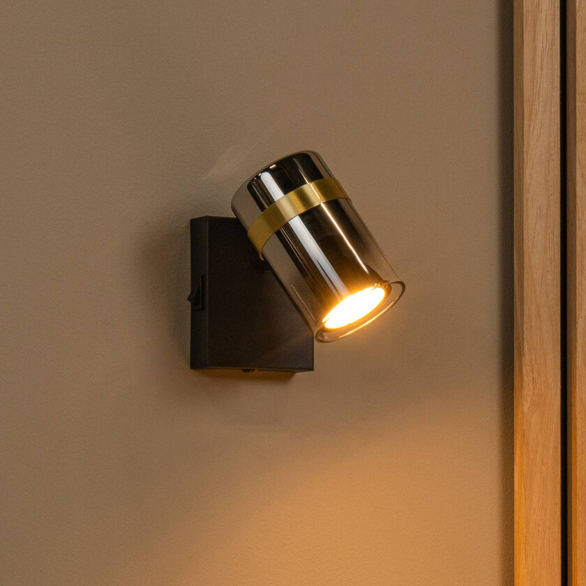 Veggspot Upton, Ø 6 cm, svart/røykgrå, metall/glass