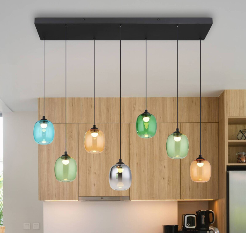 LED-hengelampe Minara, 7 lyskilder, lengde 102 cm, fargerik, glass