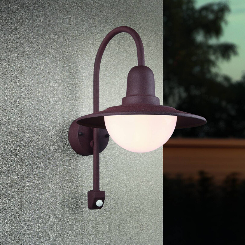 Sensor-utendørs vegglampe NORMAN, rust, Ø 30 cm metall/glass IP44