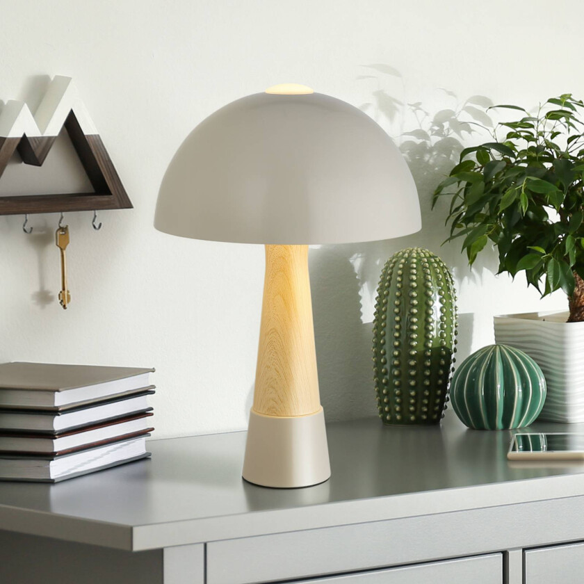 Bordlampe Paulin, matt grå/trelook, metall, høyde 36,5 cm