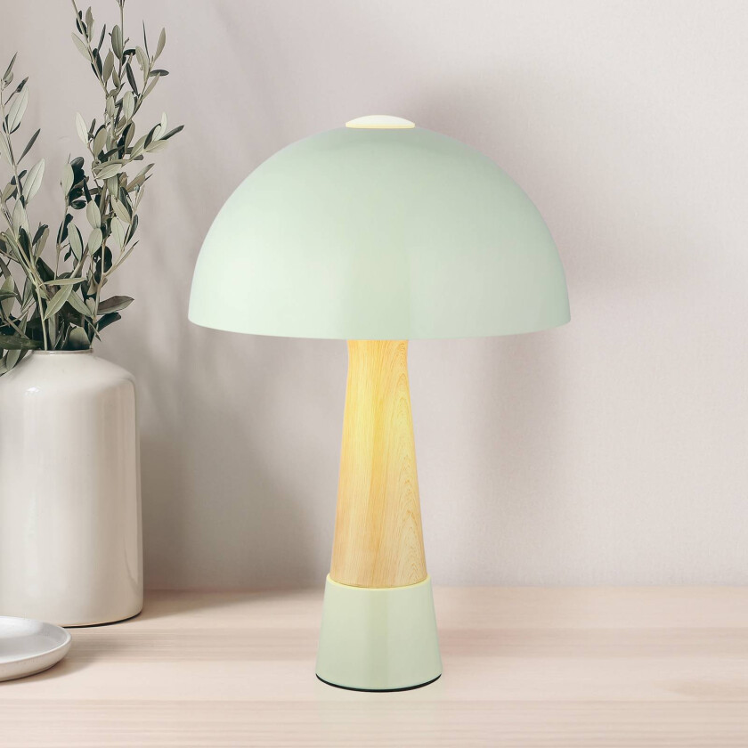 Bordlampe Paulin, matt grønn/trelook, metall, høyde 36,5 cm