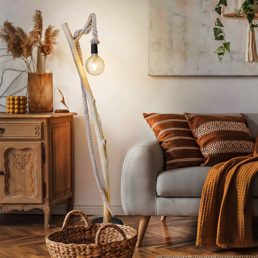 Gulvlampe Nerida, lysebrun, tre/hamp, høyde 150 cm