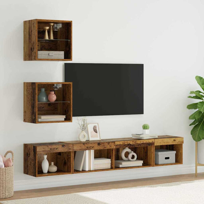 TV veggenheter med LED Veggmontert 5 pcs Gammelt tre 100 x 30 x 30 cm