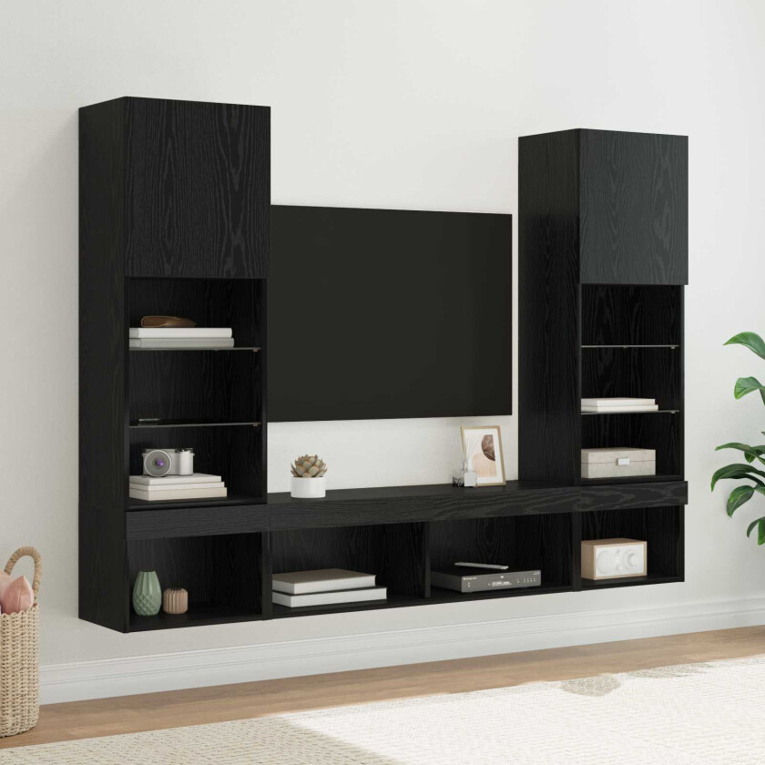 TV veggenheter med LED Veggmontert 5 pcs Svart Eik 40,5 x 30 x 102 cm