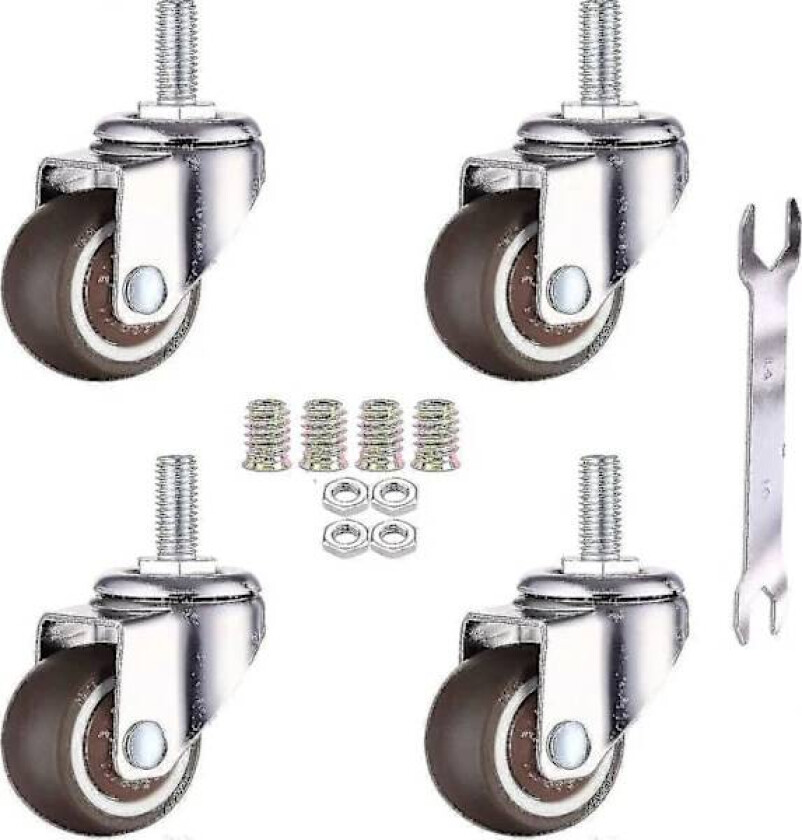 Bilde av 4-pakning møbelhjul med sving - M6 X 15mm med 25mm gjenger - Myk gummi - Tpe gjenger