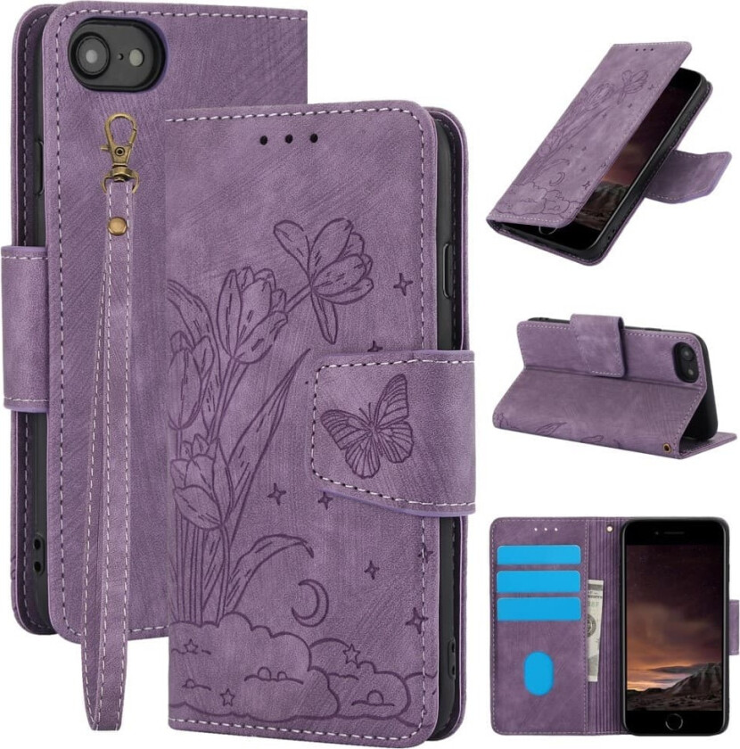 For iPhone 16e Etui Sommerfugl Blomst Ripebestandig Telefondeksel