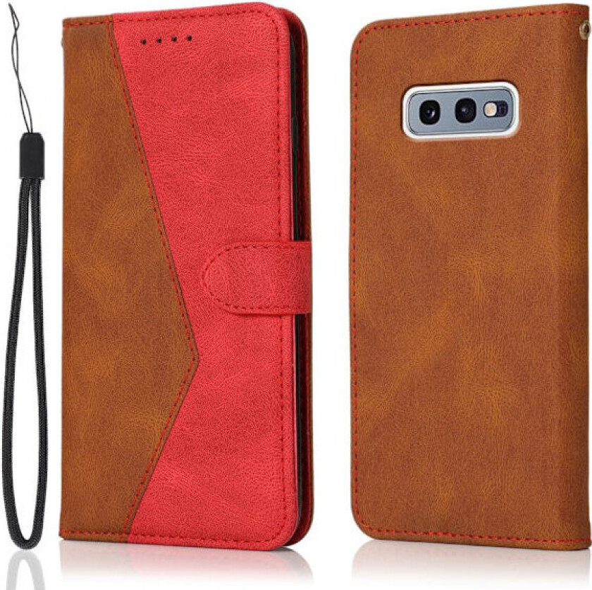 Fargespleising lær lommebokstativ mobiltelefonbeskyttelsesdeksel med nøkkelbånd for Samsung Galaxy S10e - Brun / Rød