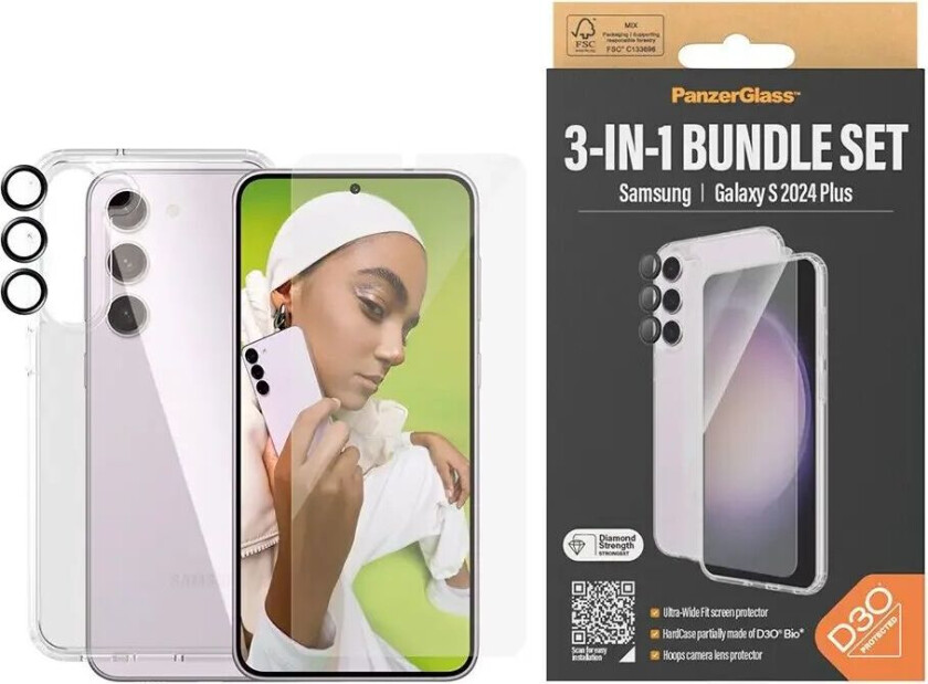 Samsung Galaxy S24+ (Plus) 3-i-1-Bundle m. EasyAligner - Skjermbeskyttelse (UWF) / D3O Bio Hardcase-deksel / Hoops Kamerabeskyttelse - Gjennomsiktig / Svart