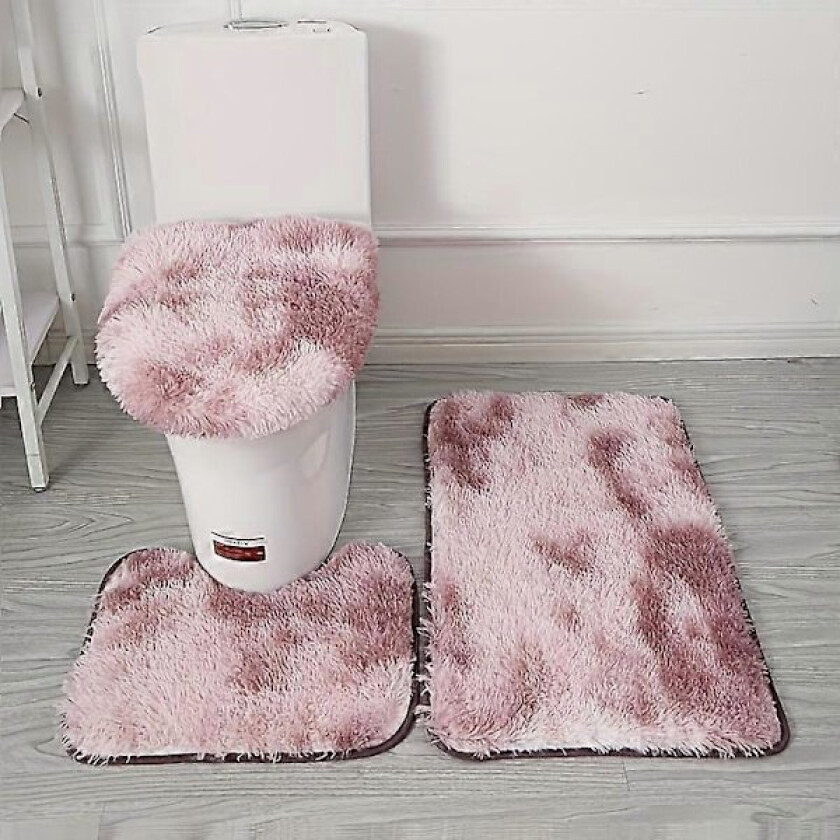 3 stk. Baderomsmattesett, Sklisikker Baderomsmatte, Toalett U-formet Matte, Toalettlokk Beskyttelsespute, Baderomsinnredning, Dusjforhengsett for Baderom rosa