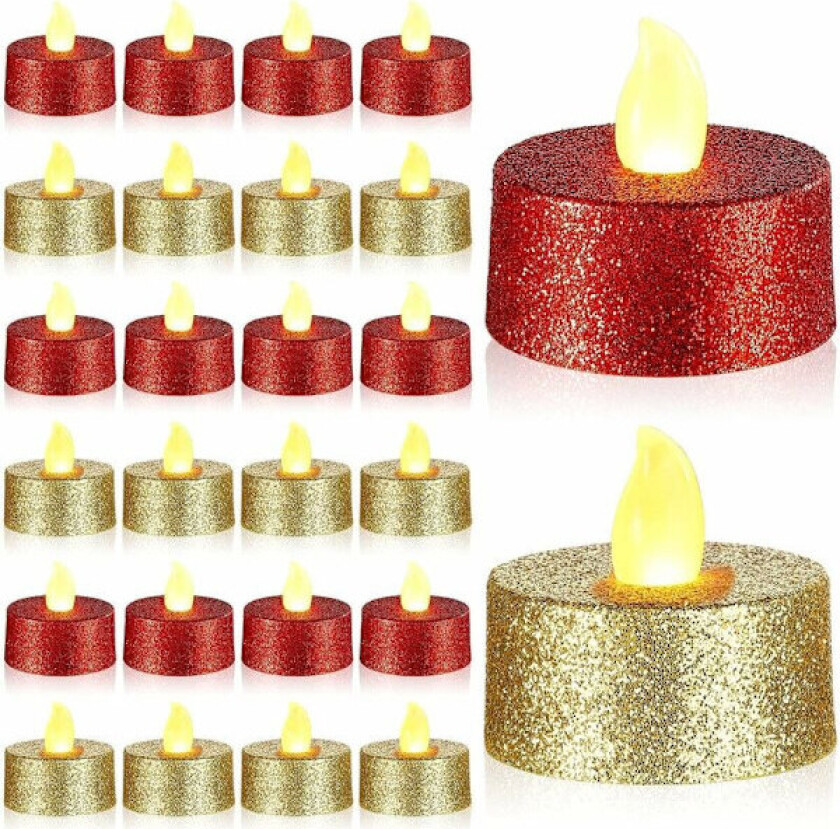 24 pakker med blinkende LED-teljus, batteridrevne telys med varmt gult lys for bryllup, jul, bursdag - (rød og gull)