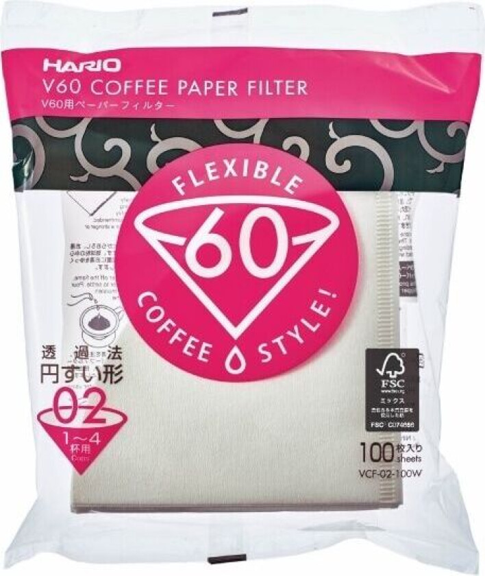 Hario VCF-02-100W, Kopp, Éngangskaffefilter, Papir, Hvit, 100 g, 100 stykker