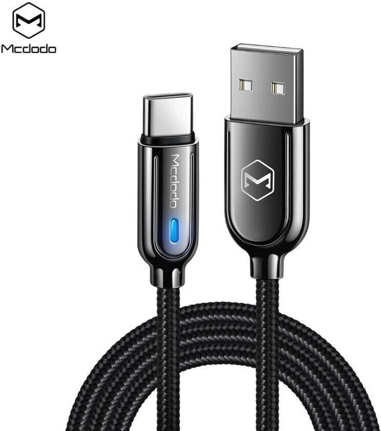 McDodo CA-6190 USB C Til USB A kabel for synkronisering og rask lading, LED-indikator, Ladning fullføres automatisk når ladingen er fullført, svart 1m