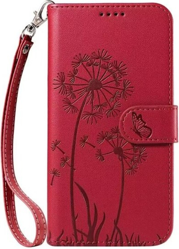 Etui til iPhone 13mini rød preget løvetann lær flip stativ kort