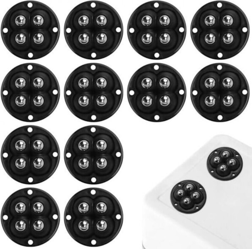 Sett med 12 møbelhjul i rustfritt stål, små flate hjul, 360° roterbare