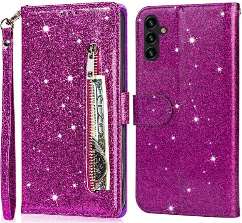 For Samsung Galaxy A56 5G Stående Glitterdeksel med Glidelåslomme - Purple