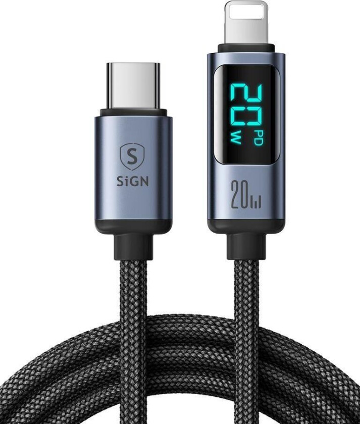 SiGN 20W USB-C til Lightning-kabel med skjerm, 1,2 m - svart