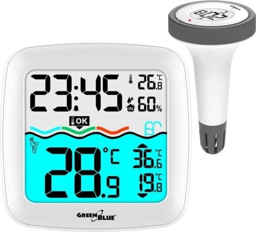 GreenBlue GreenBlue GB216 værstasjon med svømmebassengtermometer, rekkevidde 60m, flytesensor, temperatur, tid, kalender, DCF