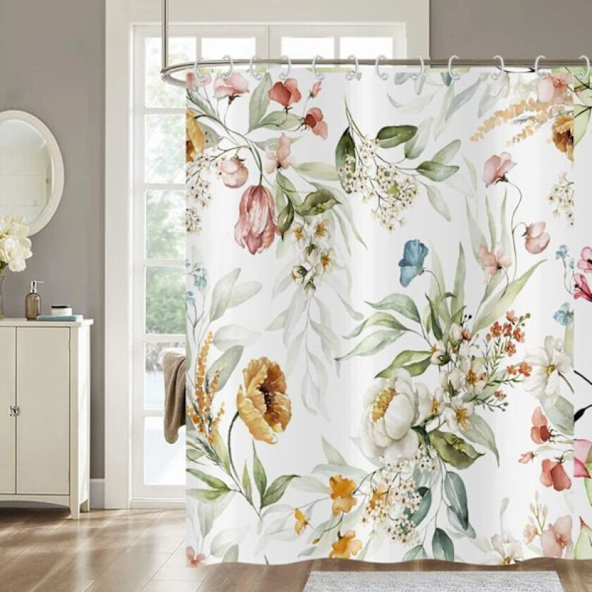 Blomster Dusjforheng 180x200, Akvarell Fargerike Blomster Planter Sommerfugl Villblomster Vanntett Badeforheng Vaskbart Polyester Stoff Badeforheng