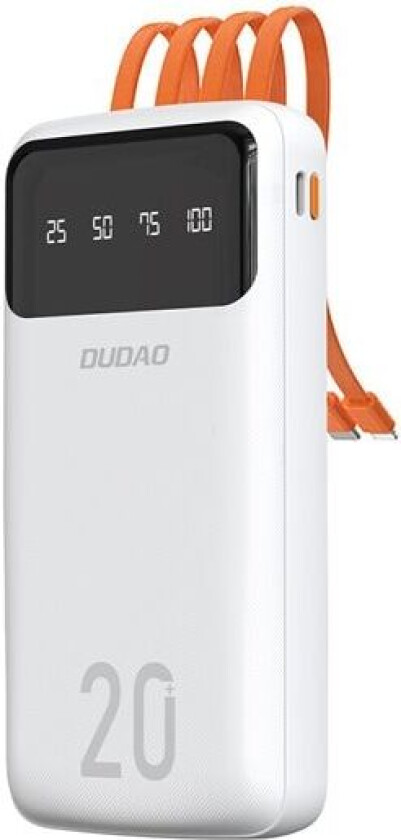 20000mAh powerbank med 3 kabler: USB Type C, micro USB, Lightning - hvit (K6Pro+)