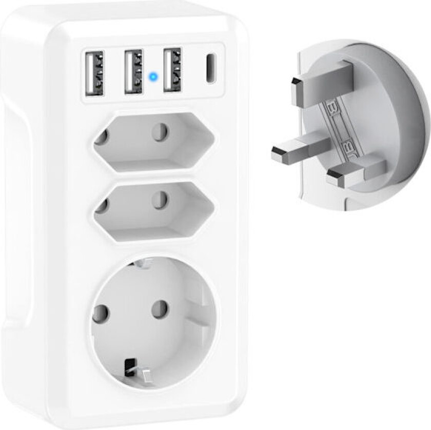 7 i 1 Reiseadapter med 3 USB og USB-C Frankrike til Storbritannia Adapter Engelsk Plugg UK Type G Adapter for Irland Malaysia England Storbritannia Dubai