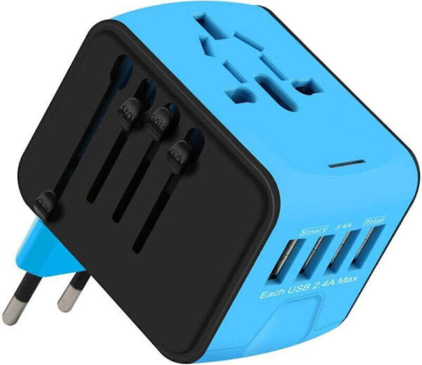Reiseadapter, Universal Pluggadapter 4 USB-porter & AC-uttak, Frankrike til USA Storbritannia Tyskland Thailand Italia Australia Kina Japan Pluggadapter