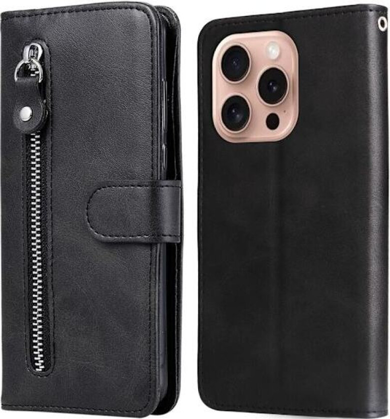 iPhone 16 Pro-etui med glidelåslomme lommebok Støtsikkert vegansk lærdeksel - Svart