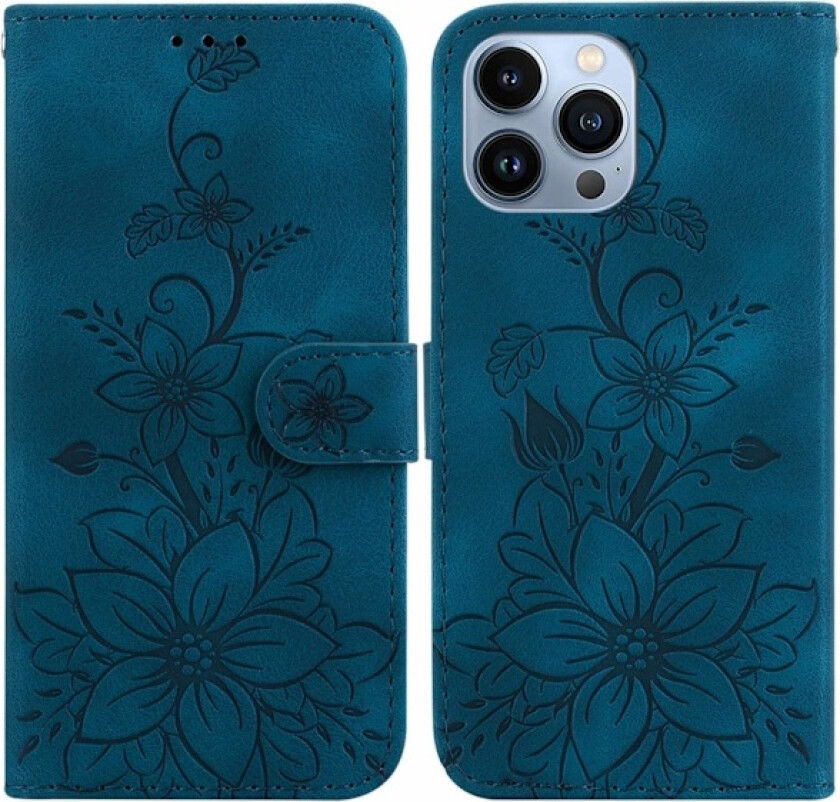 Etui til iPhone 13MINI blå lilje preget skinn lommebok kortspor