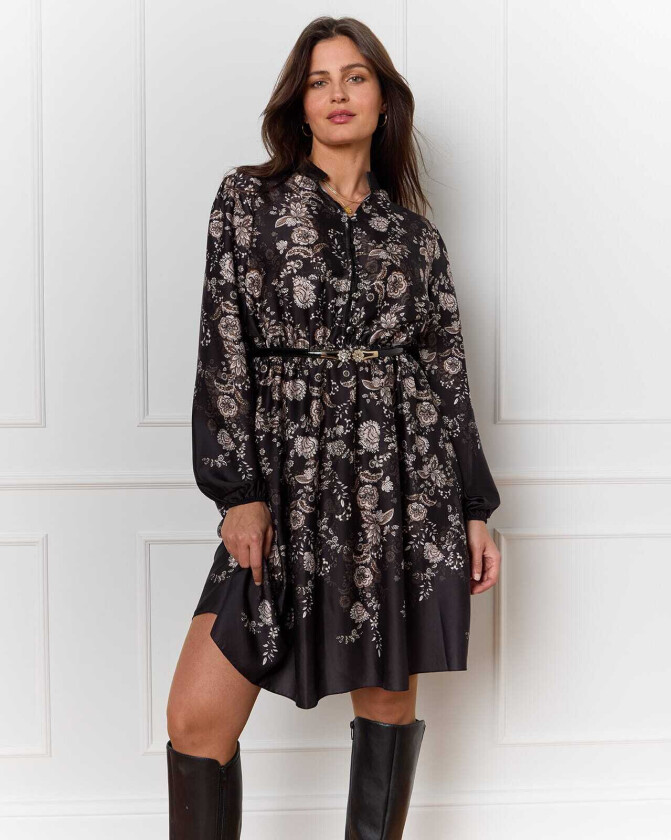 Kjole Malvine Satin Paisley, L, Kjole Svart L