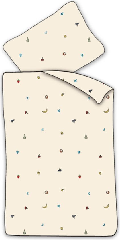 Junior sengetøy 100x140 cm - Råhvitt sengesett med små frukter - 100% mykt bomulls sengetøy