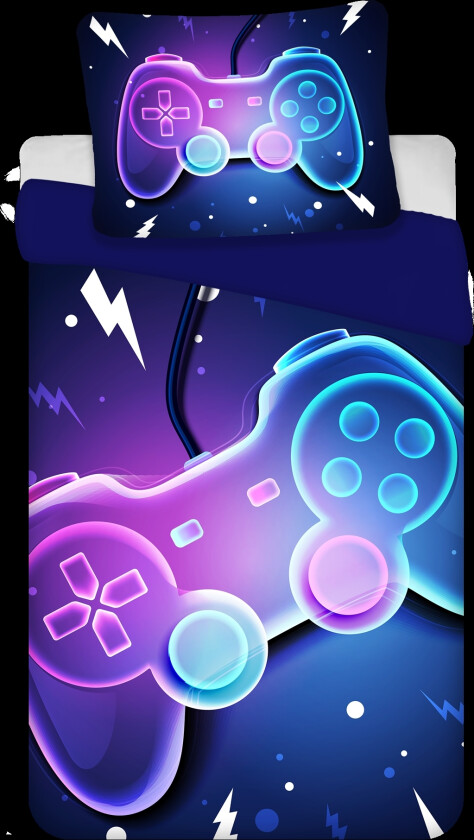 Gamer sengetøy 140x200 cm - Blått vendbart sengesett med kontroller - 100% mykt bomulls sengetøy