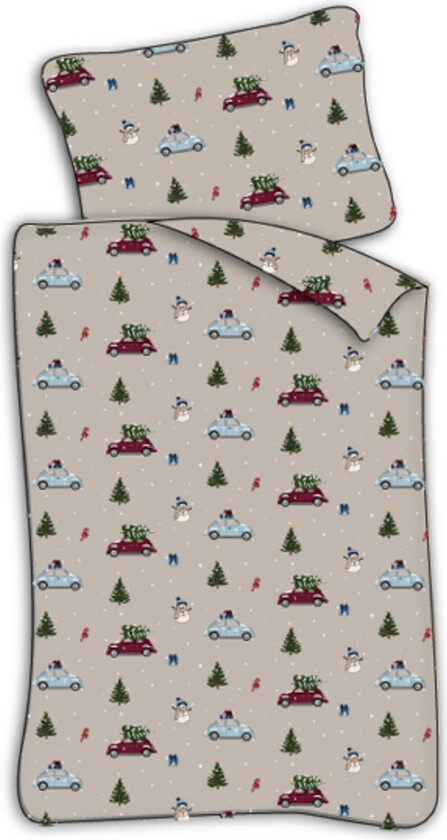 Junior julesengetøy 100x140 cm - Jule sengesett med biler og juletrær - 100% mykt bomulls sengetøy