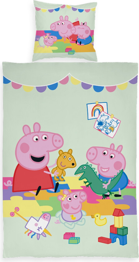 Junior sengetøy 100x140 cm - Vendbart sengesett med Gurli Gris' familie - Family Fun - 100% bomulls sengetøy